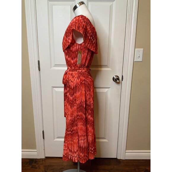 Michael Kors Red Marble Patterned Pleated Off-Shoulder Belted Dress, Size M NWT! - Picture 4 of 8